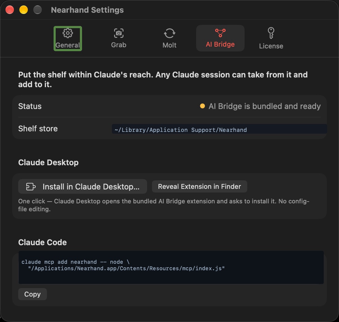 Nearhand's AI Bridge settings pane showing install buttons for Claude Desktop and the Claude Code command