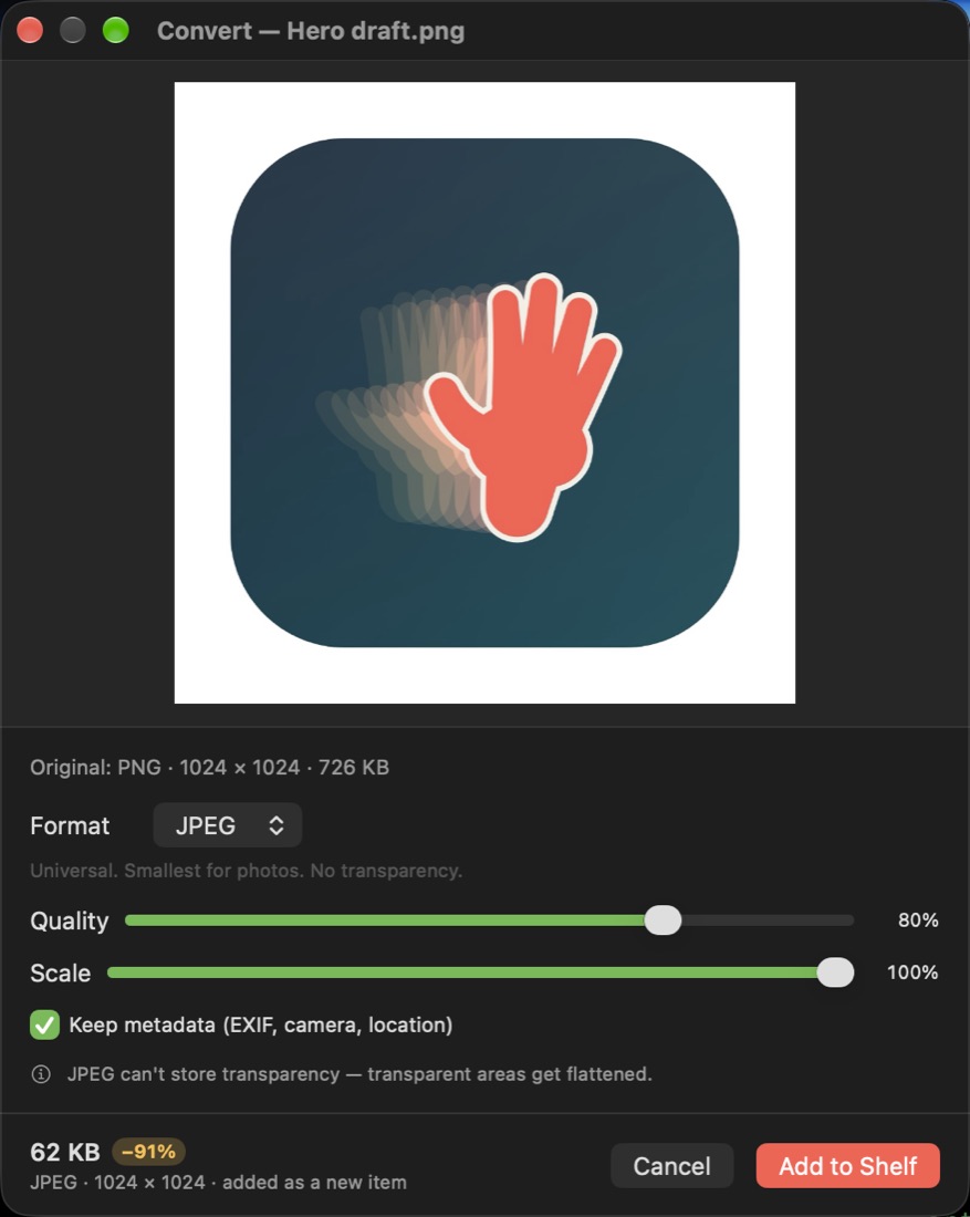 Nearhand's Convert window: a preview, format picker, quality and scale sliders, and a 62 KB result that is 91 percent smaller